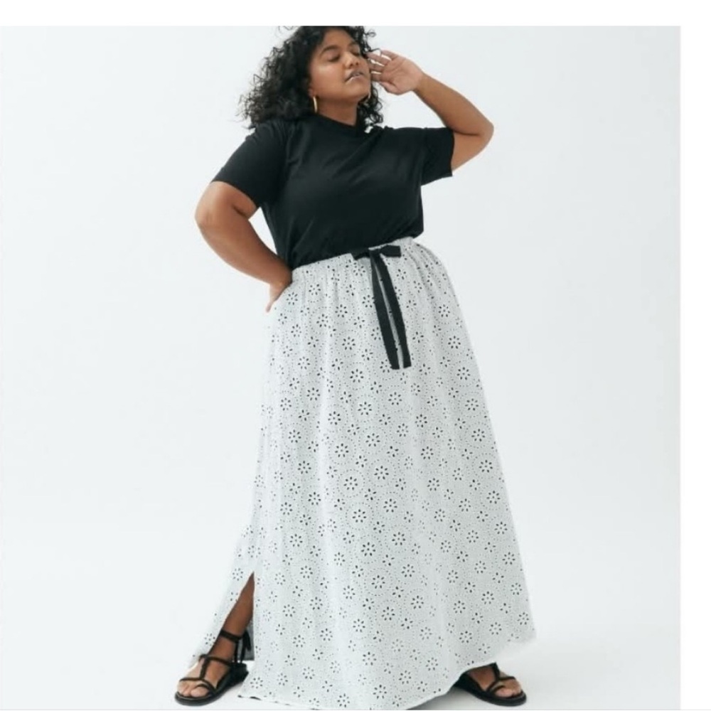 Pari Passu Eyelet Maxi Skirt 22W White Elastic Waist Bow Detail boho lagenlook‎